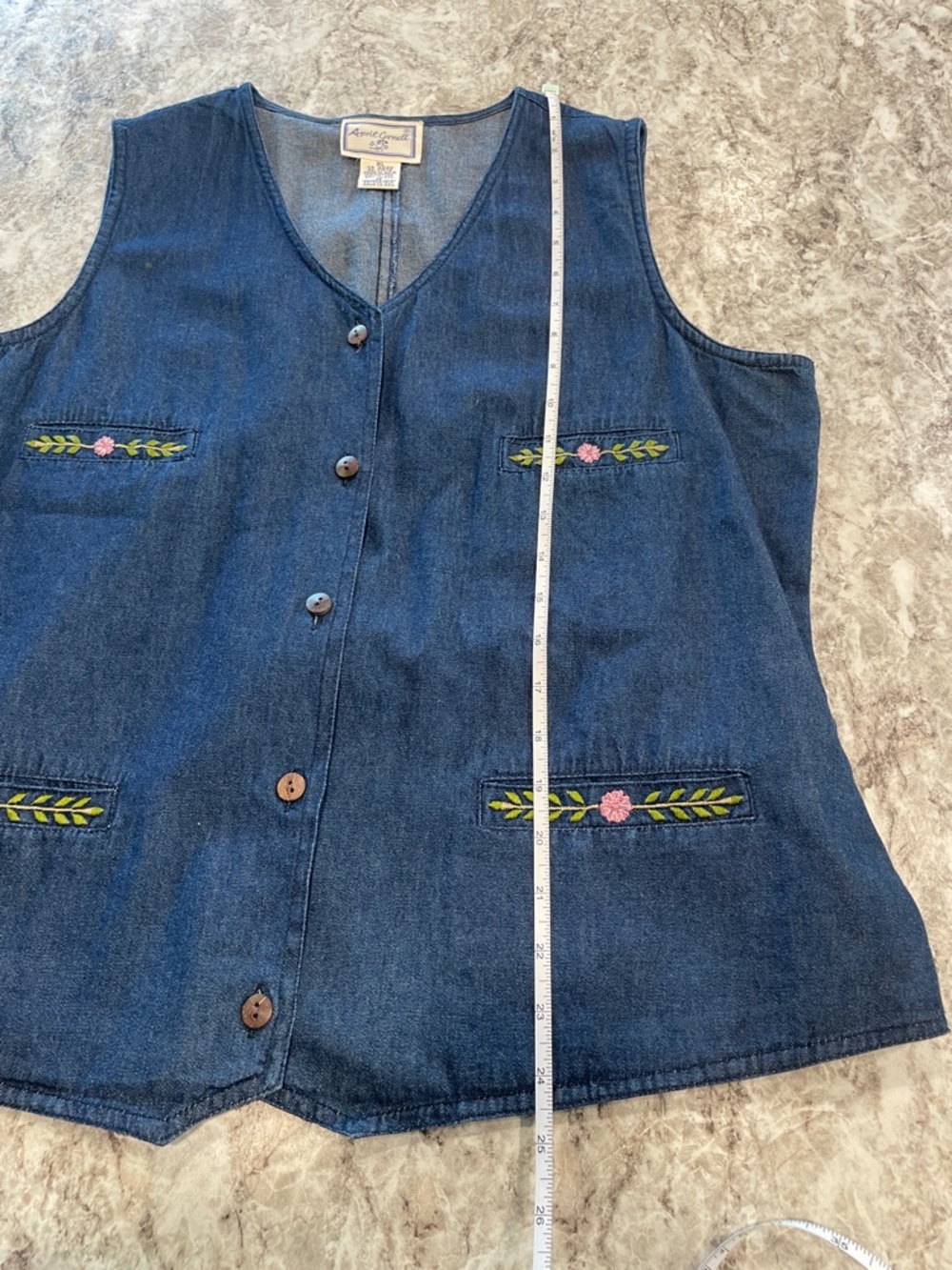 April Cornell Blue Denim Button-Front Vest with Floral Embroidery Size XL - Picture 4 of 7
